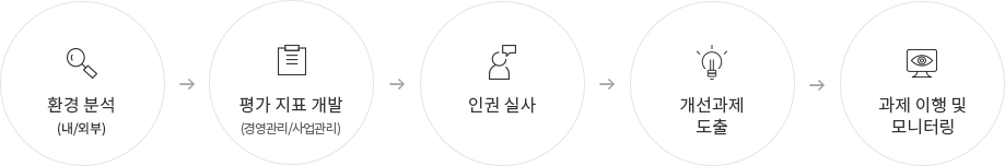 환경 분석(내/외부) → 평가 지표 개발(경영관리/사업관리) → 인권 실사 → 개선과제 도출 → 과제 이행 및 모니터링