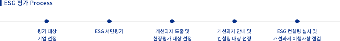 ESG 평가 Process: 평가 대상기업 선정 ▶ ESG 서면평가 ▶ 개선과제 도출 및현장평가 대상 선정 ▶ 개선과제 안내 및 컨설팅 대상 선정 ▶ ESG 컨설팅 실시 및 개선과제 이행사항 점검